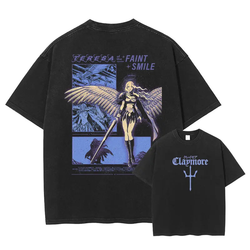 Anime Claymore T Shirt Clare Miria Vintage Washed Tops Tees Anime Cartoon Harajuku DTG Print Short Sleeve Oversized Tshirt
