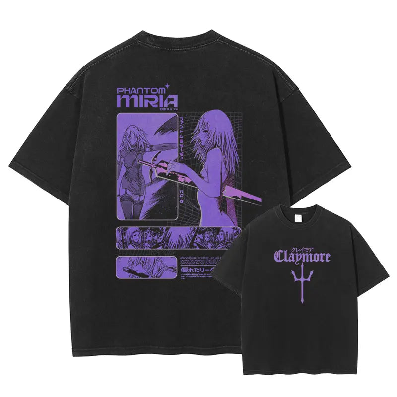Anime Claymore T Shirt Clare Miria Vintage Washed Tops Tees Anime Cartoon Harajuku DTG Print Short Sleeve Oversized Tshirt