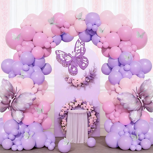 121-Piece Lavender Butterfly Balloon Set | Purple Butterfly with Maca Purple and Pink Balloons Suitable for Spring Weddings/Valentine's Day/Birthdays/Baby Shower Background Decoration Set