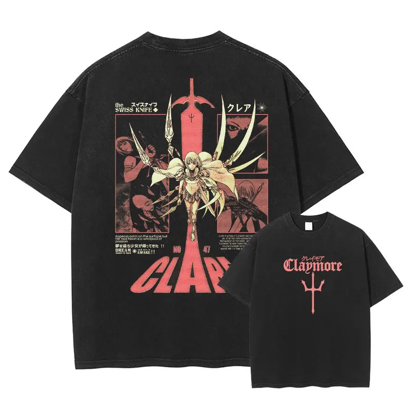 Anime Claymore T Shirt Clare Miria Vintage Washed Tops Tees Anime Cartoon Harajuku DTG Print Short Sleeve Oversized Tshirt