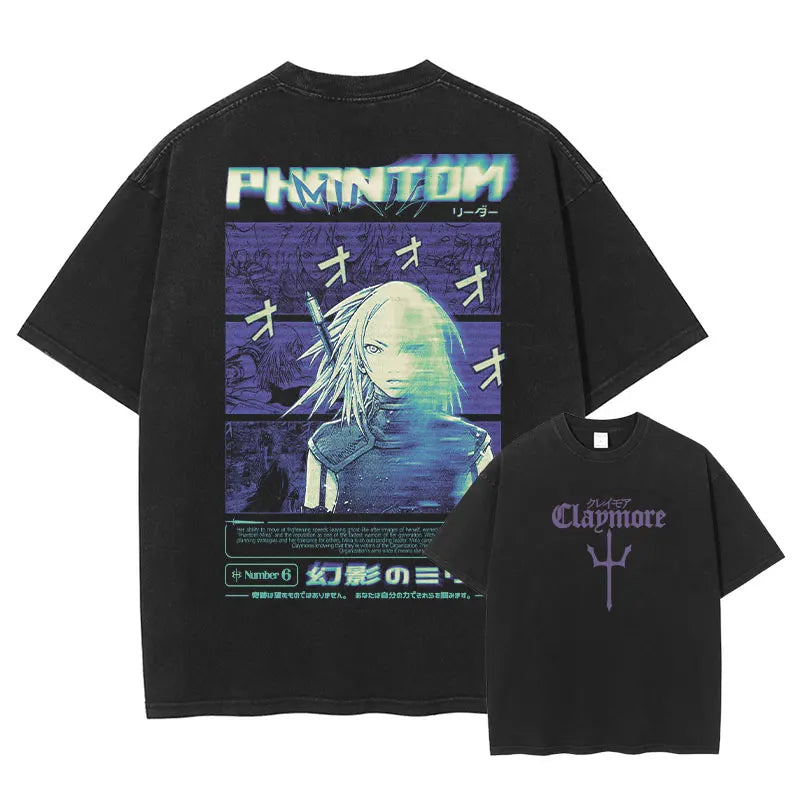 Anime Claymore T Shirt Clare Miria Vintage Washed Tops Tees Anime Cartoon Harajuku DTG Print Short Sleeve Oversized Tshirt